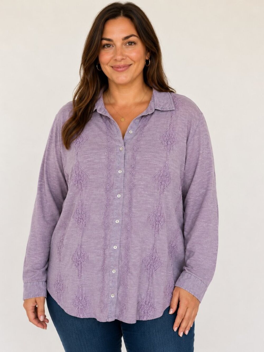 Coldwater Creek Size 1X Button Front Blouse Top Embroidered Lilac Purple Aztec